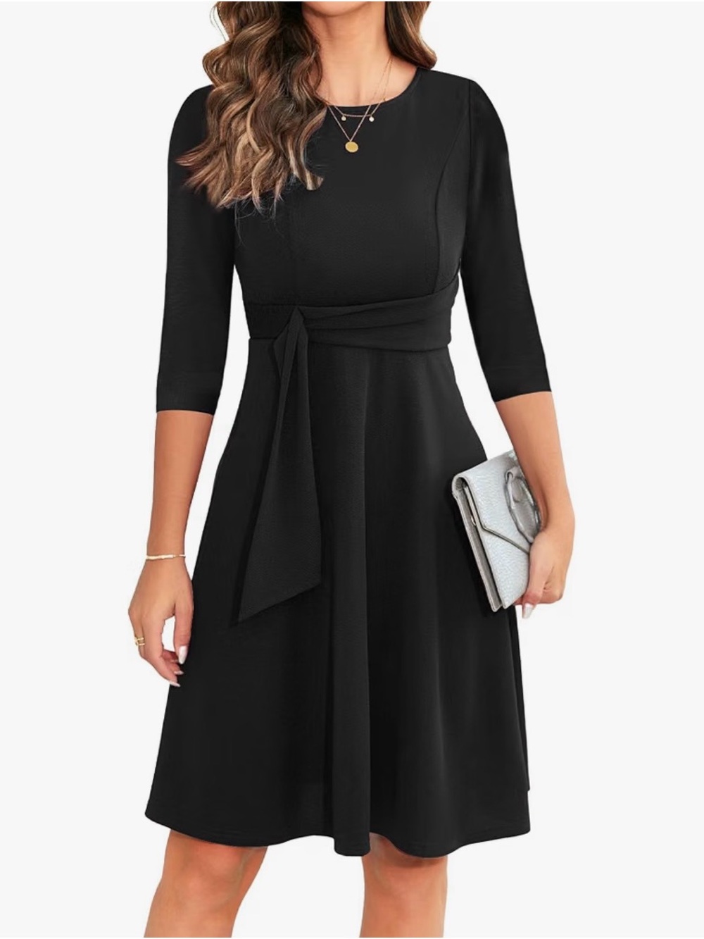Amazon Black Long-Sleeve Midi Dress with Waist Tie - Size XL